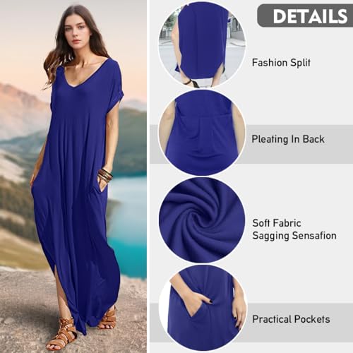 Image of Match Women's V-Neck Casual Loose Short Sleeve Long T-Shirt Dress Split Maxi Dress with Side Pocket
