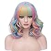 BERON 14'' Short Curly Women Girl's Charming Synthetic Wig with Air Bangs Wig Cap Included (Rainbow)