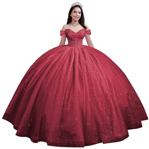 Youjiayi Glitter Tulle Quinceanera Dresses with Train Off Shoulder Beaded Sweet 16 Dresses Pleated Long Ball Gown for Women