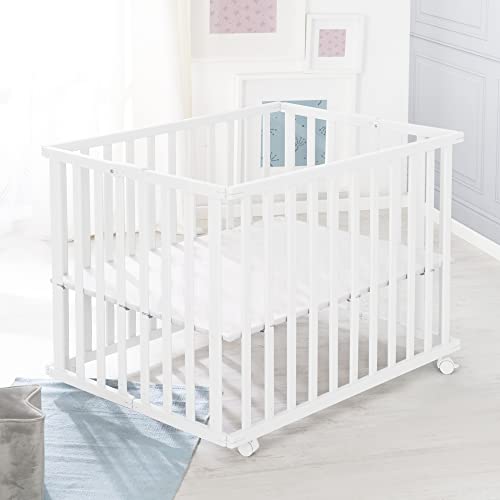 roba Laufgitter klappbar 75 x 100 cm - Platzsparender und faltbarer Baby Laufstall - Mobiles Krabbelgitter inkl. Rollen - 2-fach höhenverstellbar - Holz weiß