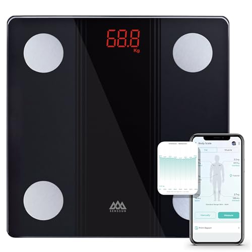SENSSUN Bascula de Baño Digital Grasa Corporal,Inteligente Báscula Grasa Corporal Bluetooth,Monitores de Composición Corporal, 150kg/330lb 26 * 26cm, Pantalla LED(negra)