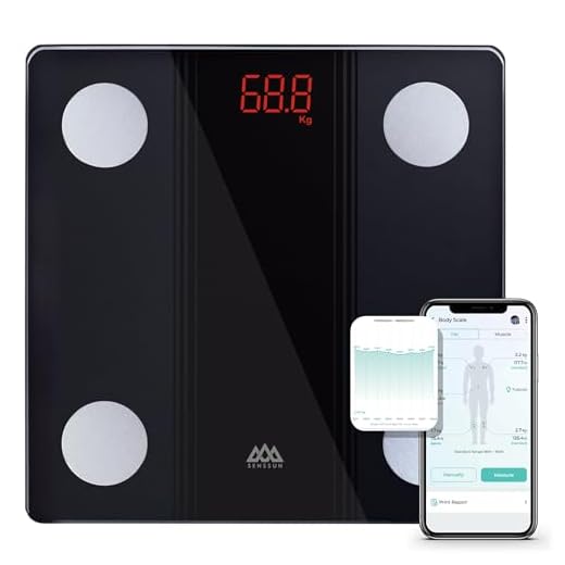SENSSUN Bascula de Baño Digital Grasa Corporal,Inteligente Báscula Grasa Corporal Bluetooth,Monitores de Composición Corporal, 150kg/330lb 26 * 26cm, Pantalla LED(negra)