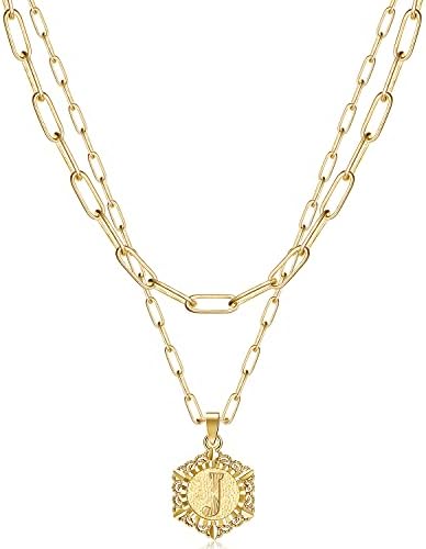 KissYan Initial Necklaces for Women, 14K Gold Plated Hexagon Letter Pendant Silver Chain Dainty Layered White Gold Paperclip Link Adjustable Capital A-Z Choker Necklace Trendy Jewelry Gifts