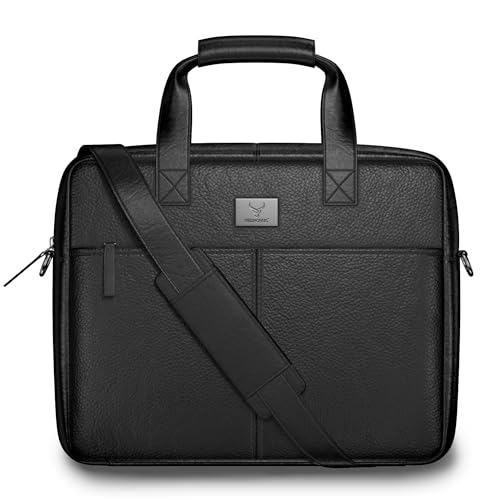 Image of REDHORNS Genuine Leather Office Bag for Men & Women | 15.6-Inch Laptop Messenger Bag | Business Bag with Handle, Padded Laptop Compartment, Adjustable Sling Strap, Zipper Closure - Black