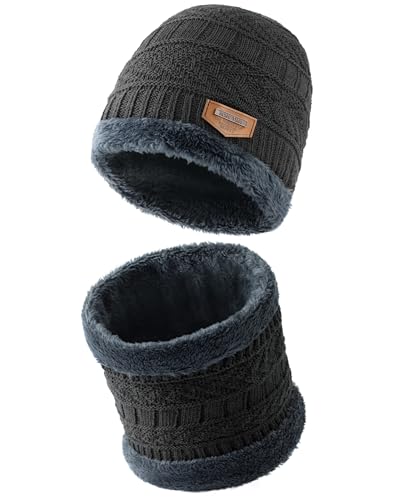 Winter Hats for Women/Men - Beanies Hats Neck Scarfs Set Warm Slouchy Beanie Snow Knit Skull Cap Gifts for Women & Men, Dark Grey