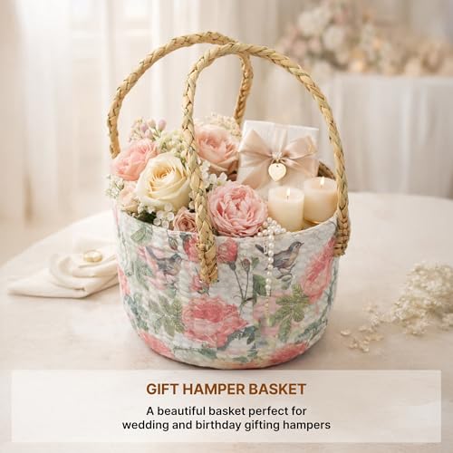 Image of Habere India-All the Cultures Fabricating India Gift Hamper Baskets | Cane Round Hamper | Fruit Baskets | Organiser Basket | Baby Basket for Clothes (Design21: L22 x W22 x H15 cm)