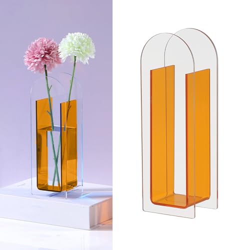 INIFLM Jarrón Transparente para Flores Minimalista Colorido Florero Decorativo, Moderno Jarrón Acrílico Transparente, Jarrones de Cristal Acrílico Transparente(Naranja Vibrante Semi Colorido)