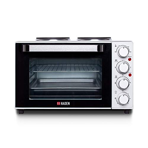 Haden 25L Mini Oven with Grill  Double Hot Plates  Versatile Table top Oven and Hob for Baking Roasting Boiling  Adjustable Temperature 1400W Electric Counter Top Cooker with 60-Min Timer