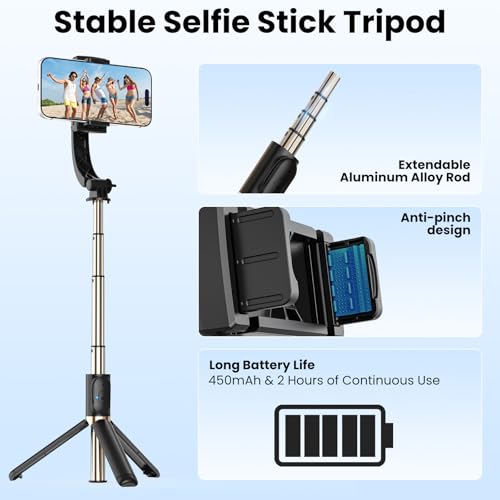 Smartphone Gimbal Stabilizer, 1-Axis Auto Balance & 360° Rotation, Extendable Aluminum Selfie Stick Tripod with Remote Control for iPhone & Android,Travel, Vlogging, TikTok, YouTube - Image 3