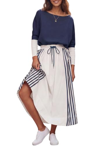 Fisoew Womens Casual Dresses Long Sleeve Oversized Sweatshirt Patchwork Drawstring Waist Color Block Loose A Line Maxi Dress Navy