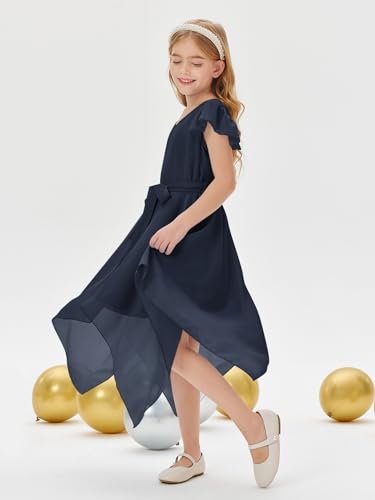 Kids Chiffon Cute A-Line Short Dress with Asymmetrical Layered Ruffled Bow Tie Teen Girl Bridesmaid Dress3
