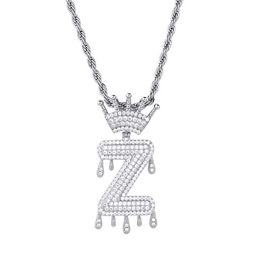 HECHUANG Micropave Simulated Diamond Iced Out Crowned Initial Dripping Letters Pendant with Rope Chain (Silver Z, 30)