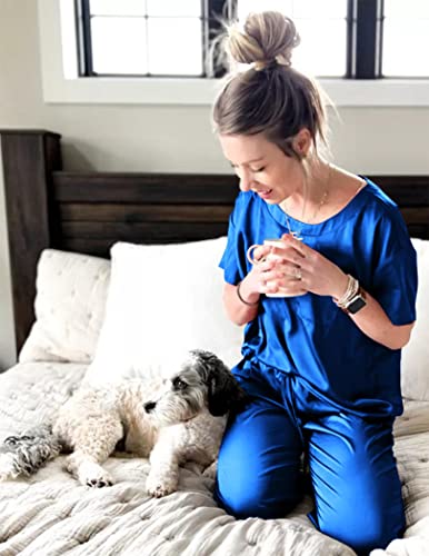 Ekouaer Womens Silk Satin Pajamas Set Two Piece Pj Sets Sleepwear Loungewear Short Sleeve Pj Sets Royal Blue Xl #TOP2