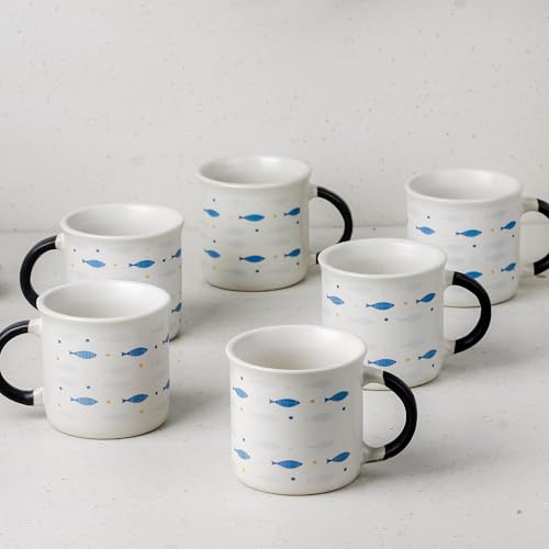 Image of The Earth Store Blue Fish Tea Cup Set of 6, 150 ML Each, Microwave and Dishwasher Safe Coffee Cups | Cup Set for Tea | Tea /chai Cups for Gifting, Home & Office Use, Every Occasion