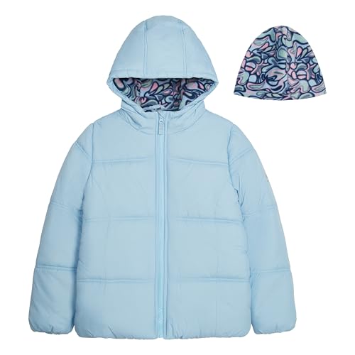 LONDON FOG Girls' Heavyweight Quilted Puffer Jacket with Fleece Beanie, Clear Sky Blue, 4T