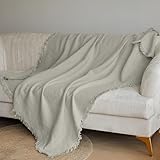 Simple&Opulence 100% Linen Throw Blanket 55x75 inches, Farmhouse Boho Tassel Blanket for Couch, Bed, Sofa, Breathable Natural Cozy Décor, Linen