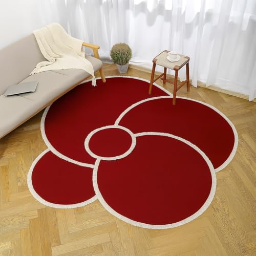 Image of Cotton Round Carpet 3x3 feet - Handmade Braided Boho Rug for Living Room, Bedroom & Balcony - Soft Washable Floor Mat, Color -red