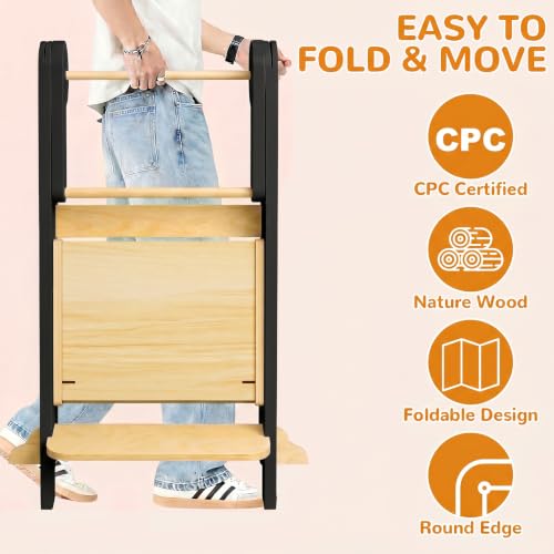 Image of ROOMTEC Foldable Toddler Kitchen Tower, 3 Adjustable Height Wooden Step Stool, Toddler Standing Tower with Safety Net (Black)