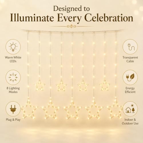 Image of Desidiya 10 Stars 150 LEDs Diwali Lights 3.5Mtr 12W Curtain String Lights Window Curtain Led Lights for Decoration with 8 Flashing for Christmas, Wedding, Party, Home, Patio Lawn (Warm White)