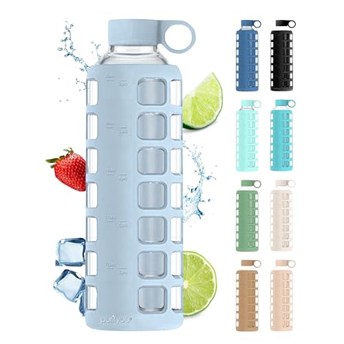 Image of purifyou 40oz / 32oz / 22oz / 12oz Borosilicate Glass Water Bottle with Time & Volume Markers, Silicone Sleeve, Stainless Steel Lid | Reusable Glass Bottle for Water & Juice (32oz Ice Blue)