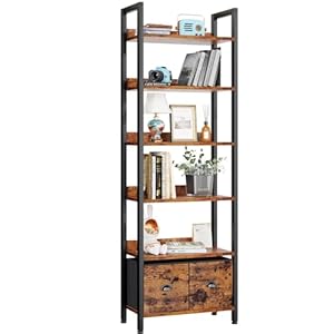 Furologee 6-Tier Bookshelf, Tall 71″ Rustic Bookcase with 2 Drawers Storage Organizer, Industrial Display Free Standing Shelf Units, Wood and Metal Storage Rack for Home Office, Bedroom, Rustic Brown