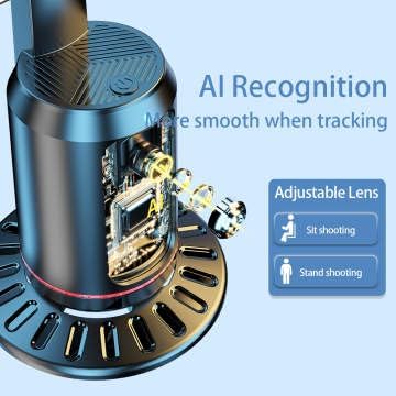 Close-up of the Q02 gimbal base showing internal components and text 'AI Recognition: More smooth when tracking' and 'Adjustable Lens' with icons for sit and stand shooting.
