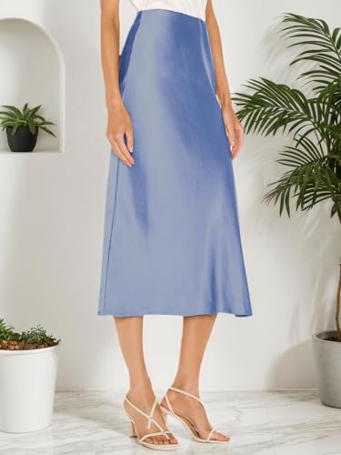 Image of Amy Babe Womens Satin Silk High Waist Slit Midi Skirt Long Skirts for Women | Elastic Waistband, Side Split, Midi Length, Below the Knee, Silky Fabric, Elegant, Fall Winter Outfits