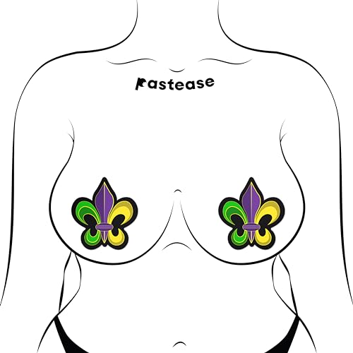 Cache-mamelons Fleur-de-lis Pastease® pétale vert jaune violet pour le Mardi gras
