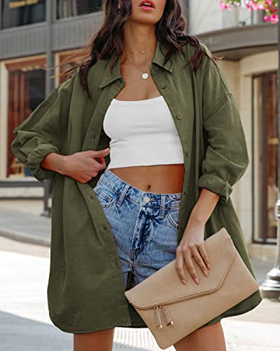 Image of FSHAOES Womens Oversized Button Down Shirts Casual Loose Long Sleeve Solid Lapel Long Blouses Tops with Pockets