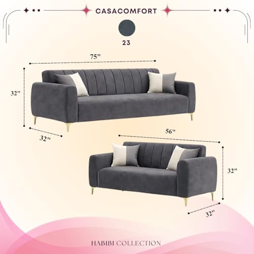 Image of Habibi Rich Velvet Suede 3+2 Seater Sofa Set | Spacious Soft Touch Comfort Seating | 5 Person Seating | Modern Living Room Sofa Set (Dark Gray)
