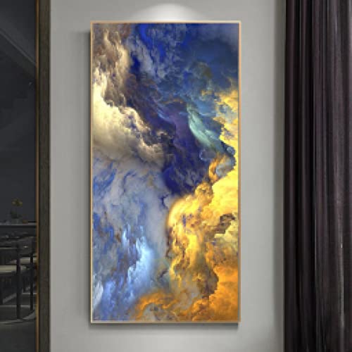 Peinture Nordique Nuage Bleu Doré : Tableau Abstrait Salon et Chambre 80x160