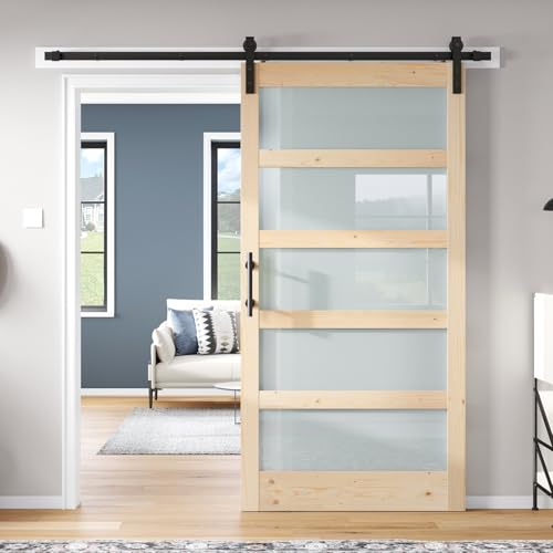 ROYMELO 42x84 inch Glass Sliding Barn Door Slab with 7ft Hardware Kit Included 5-Panel Frosted Glass Spruce Wood Support DIY Dyeing Easy Assembly