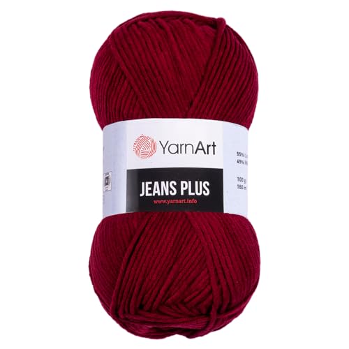 Image of Yarn Art, 1 Ball Skein YarnArt Jeans Plus Yarn, 55 Cotton 45 Polyacrylic, 100 g 3 5 oz , 160 m 174 yds Weight 4 Worsted-Aran, Claret Red - 66