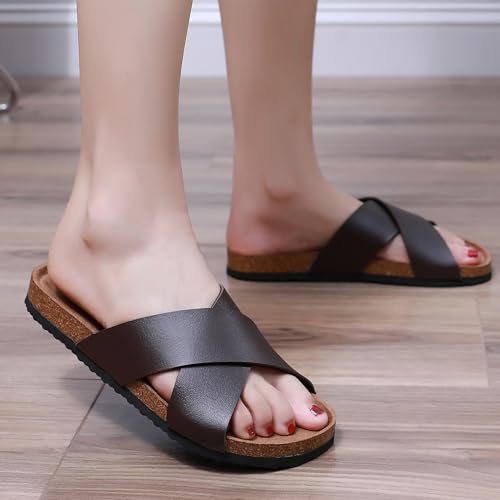 Image of Sandals Women Wide Width, Cork Footbed Arch Support Summer Beach Slide Sandals, Adjustable Strap for Wide Feet