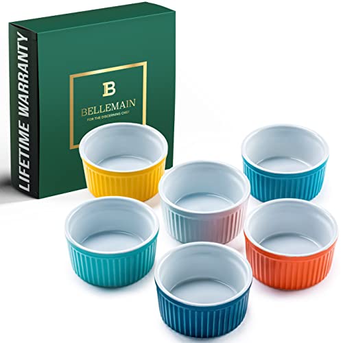 Bellemain 4 oz Porcelain Mini Bowls | Ramekins, Custard Cups, Mini Cheesecake Pans, Small Baking Dish, Dipping Sauce Bowls, Small Casserole Dishes, Ramekins Oven Safe to 500F, Set of 6 (Multi)