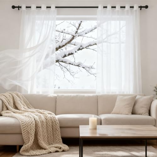 WUXXIANG Voile Curtain 255 x 135 cm Semi Transparent, Pencil Pleat, Super Soft, Privacy, Elegent Transparent Curtains for Living Room Dining Room Bedroom Kitcken Window French Door, White