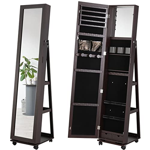 Jewelry cabinet standing, Full Length Mirror Large Jewelry Armoire 360° Rotating, Lockable Jewelry Storage Organizer with Inner Makeup Mirror and Rear Shelves, Easy Moving, Dark Brown