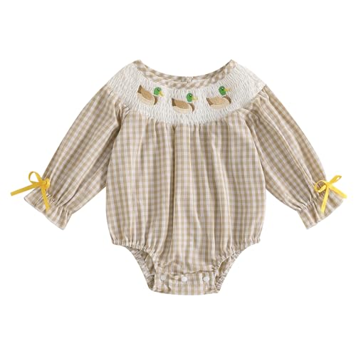 SAYOO Baby Girls Duck Romper Mallard Duck Embroidery Smocked Bubble Romper Bodysuit Newborn Infant Toddler Hunting Outfit