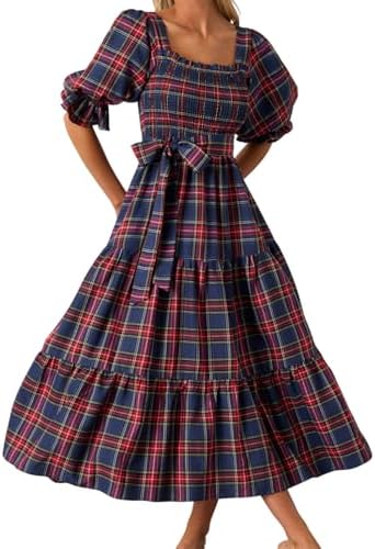 Women Christmas Plaid Sleeveless Maxi Dress Fall Ruffle Sleeve Co...