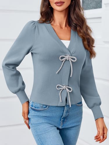 Image of Saodimallsu Womens Bow Button Front Cardigan Sweaters V Neck Cropped Knit Sweater