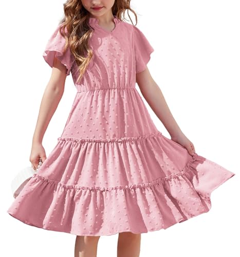 Arshiner Girls Dresses Summer Ruffle Sleeve Swiss Dot V Neck Twirl Birthday Party Midi Dress with Pockets