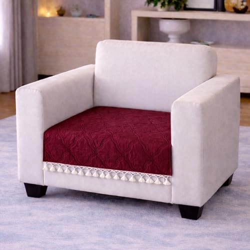 Image of Cortina Velvet Sofa Cover with Tassels | Sofa Couch Protector | Machine Washable Sofa Topper (Red, 1 Seater)