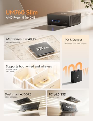 Image of MINISFORUM UM760 Slim Mini PC, AMD Ryzen 5 7640HS Processor Mini Computer(6C /12T, Up to 5.0GHz), 32GB DDR5 RAM & 512GB PCIe 4.0 SSD, Support 8K@60Hz HDMI 2.1 /USB4 Output, WIFI6E /BT5.3 /Auto Power On