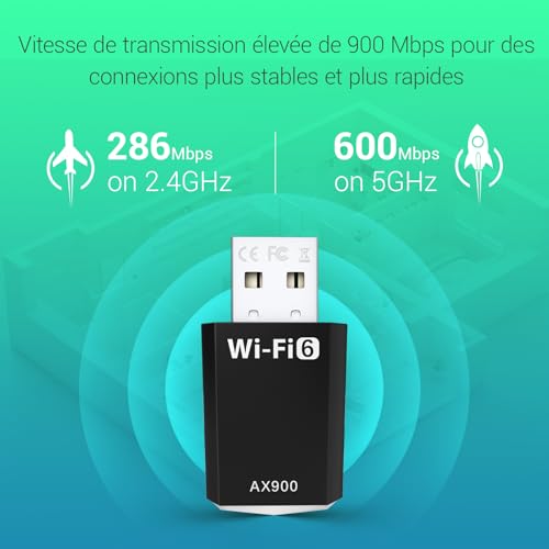 Clé WiFi 6 Puissante AX900 Mbps - Clé WiFi pour PC Double Bande 2.4GHz/5GHz, Dongle WiFi, Adaptateur USB WiFi Compatible avec Windows 11/10/8.1/8/7