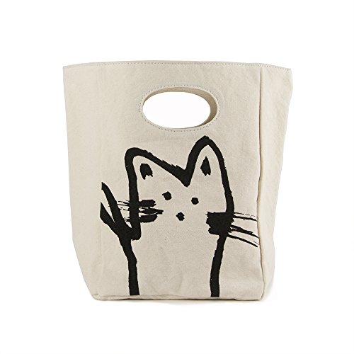 Fluf Canvas Lunch Bag | Lunch Box for Men, Women, Kids | Organic Cotton Meal Tote with Built-In Handle, Hey Cat