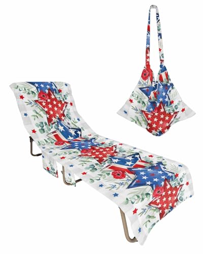 Grey Plaid 4th of July Beach Lounge Chair Towel Cover, Soft Chaise Lounge Towel with Side Pockets Patio Pool Chairs Cover for Beach/Pool Sunbathing 29x85 Red Blue Star Eucalyptus Leaves