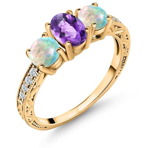 Gem Stone King 1.87 Cttw Oval Checkerboard Purple Amethyst and White Simulated Opal 18K Yellow Gold Plated Silver Ring For Women | Gemstone Birthstone (Size 5)