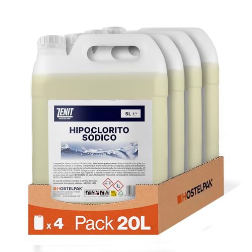 Hostelpak | 4 x 5 l | Hipoclorito Sódico 13% Cloro Activo | Solución de Limpieza Multiusos para Hogar y Exteriores | para tratamientos en Piscinas