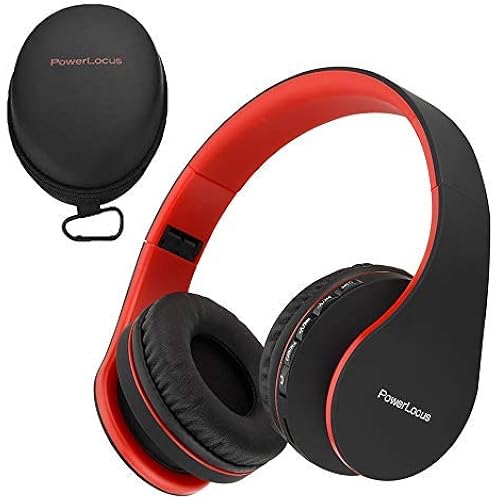PowerLocus Wireless Bluetooth Over-Ear Stereo Foldable Headphones, Wired Headsets Rechargeable with Built-in Microphone for iPhone, Samsung, LG, iPad (Black/Red)