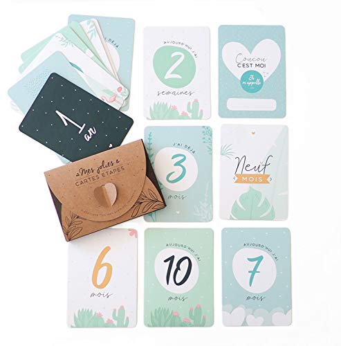 Cartes étapes - Bleu | Lot de 16 Cartes - de la Naissance à 1 an | Cartes Semaine, Mois et 1ère année | Boite Cadeau Offerte | Cadeau de Naissance, Cartes étapes garçon, Souvenir bébé
